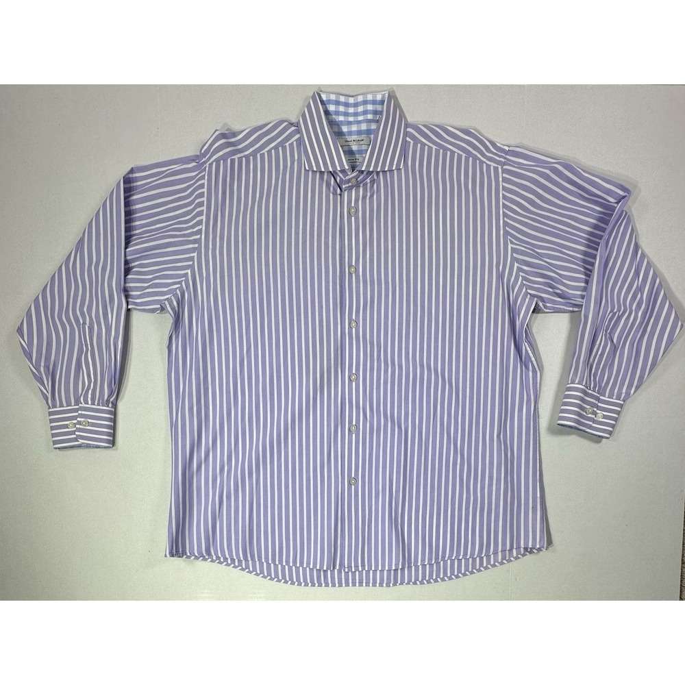 Isaac Mizrahi Men's Dress Shirt 17.5 34/35 Slim Fit Purple White Stripe